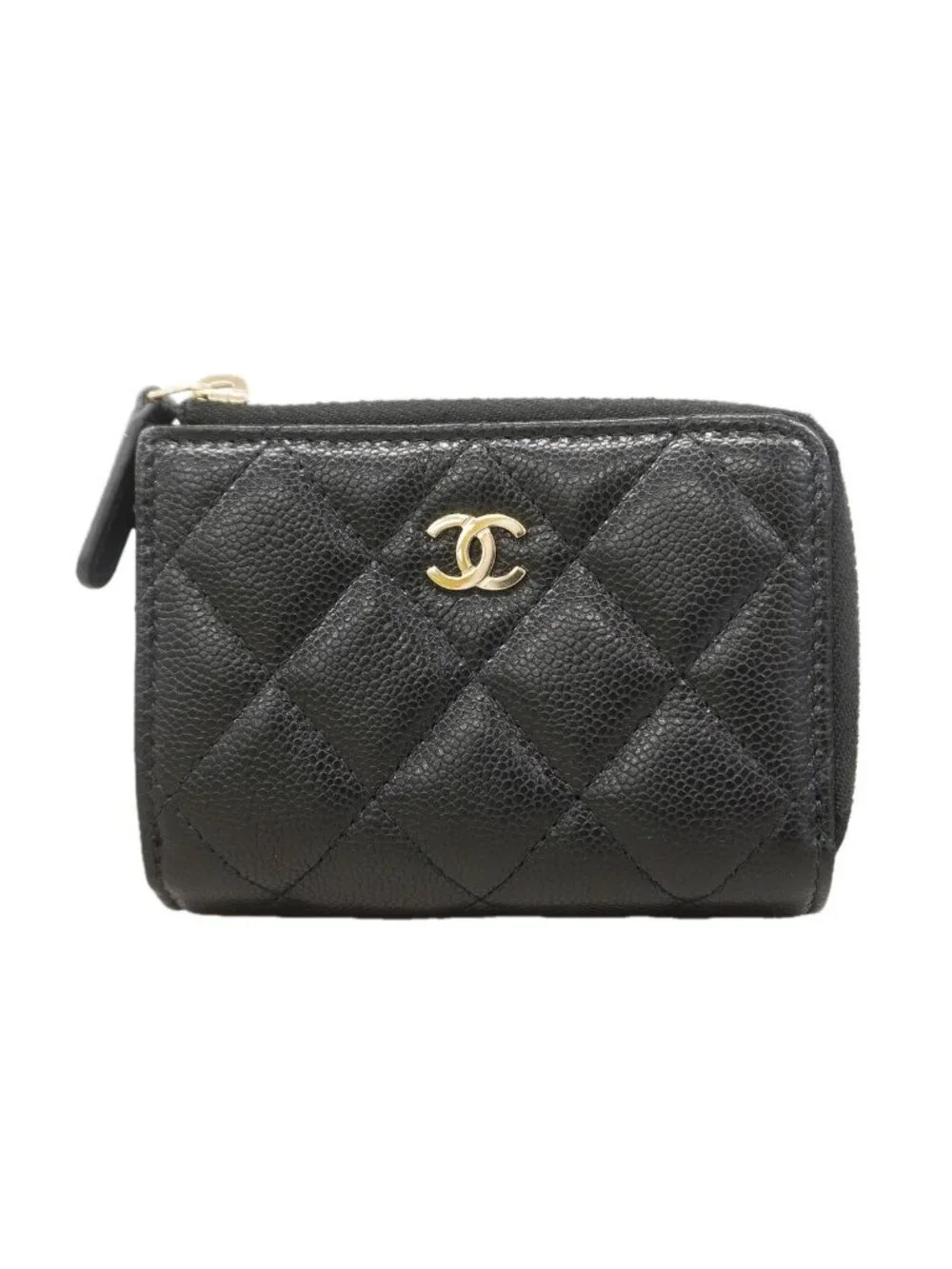 Chanel Trifold Wallet Quilted Caviar Leather Black Champagne Gold